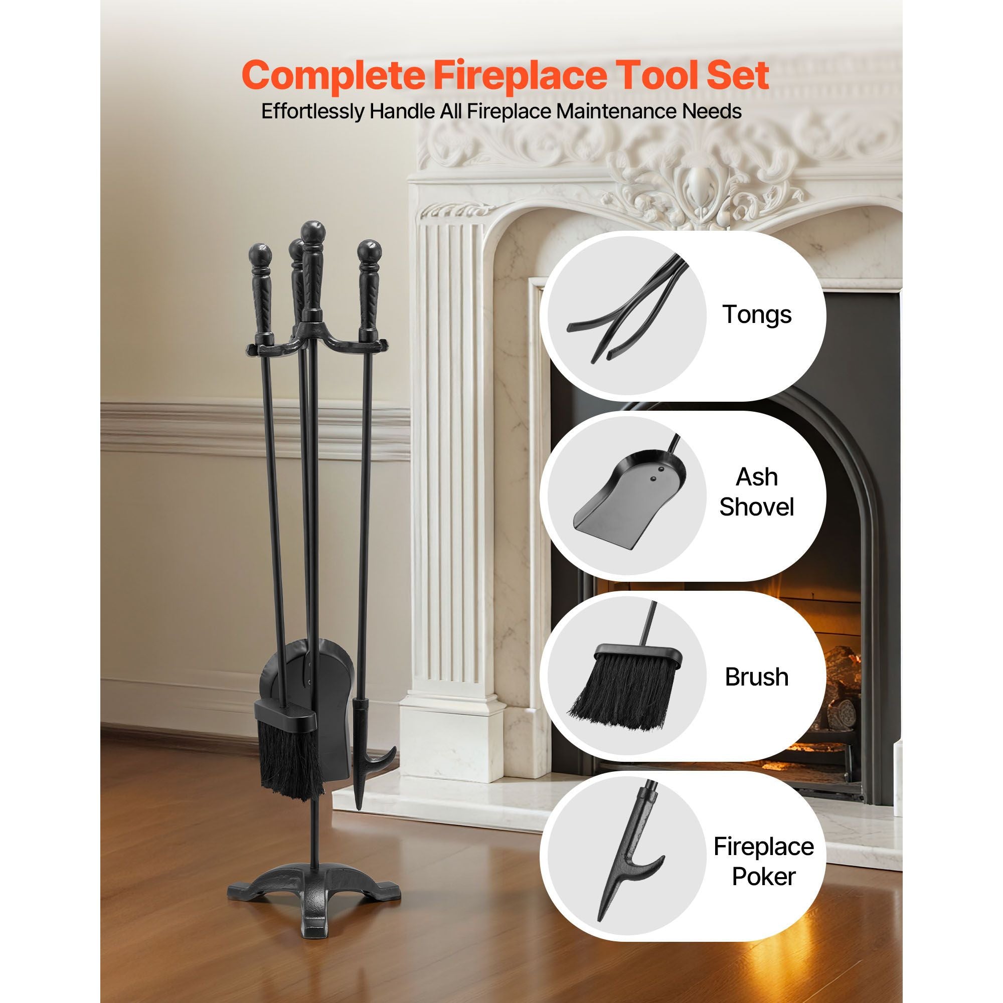 Fireplace Tool Set, 4 PCS Fire Tool Set and Holder with Three-Prong Stand, Ash Shovel, Brush, Fire Place Poker, Wrought Iron Fireplace Accessories for Campfire Indoor/Outdoor, Black