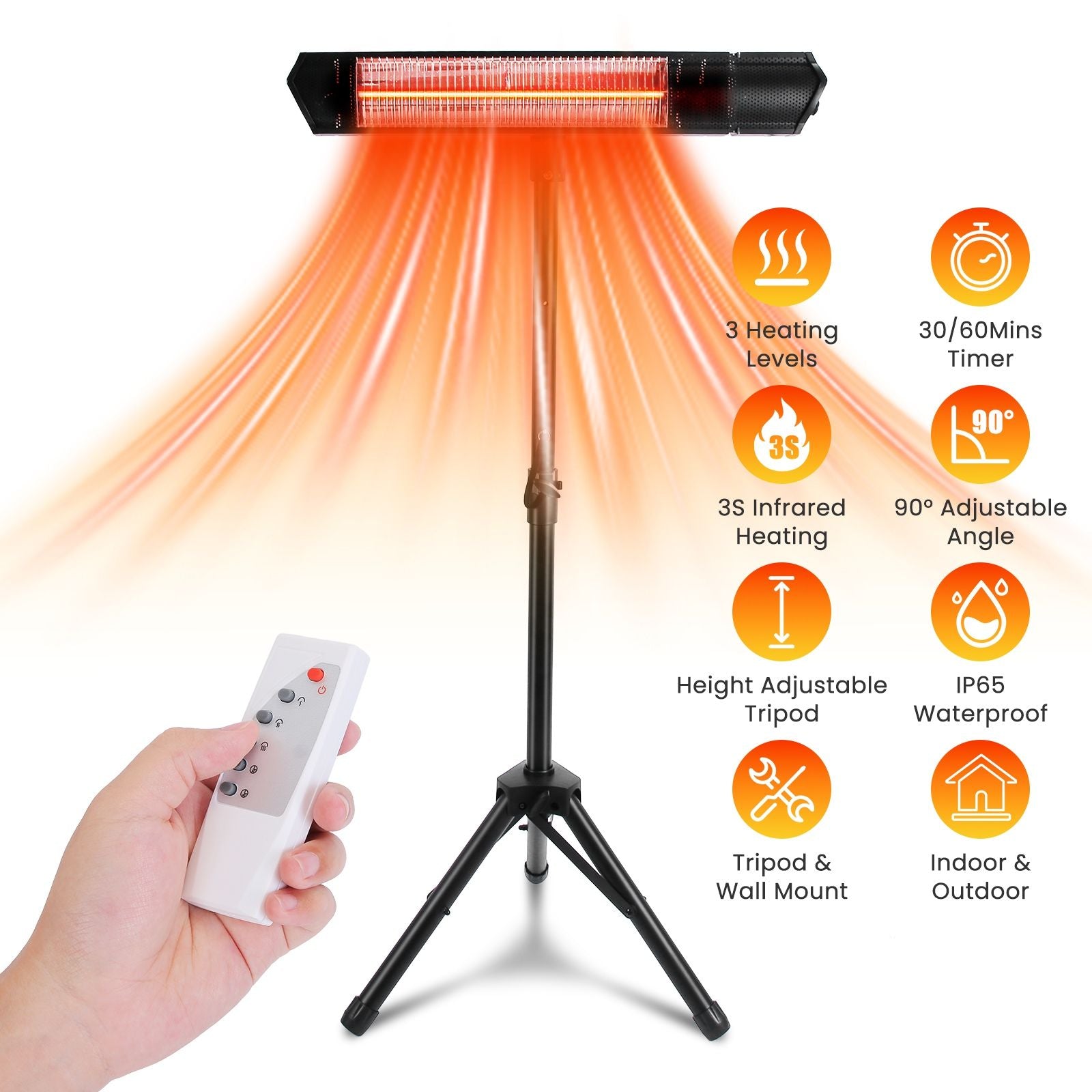 1500W Infrared Heater With Stand Electric Outdoor Patio Heater IP65 Waterproof Tripod Wall Mount with 2 Remotes 3 Heating Levels for Home Restaurant Yard Office Garage