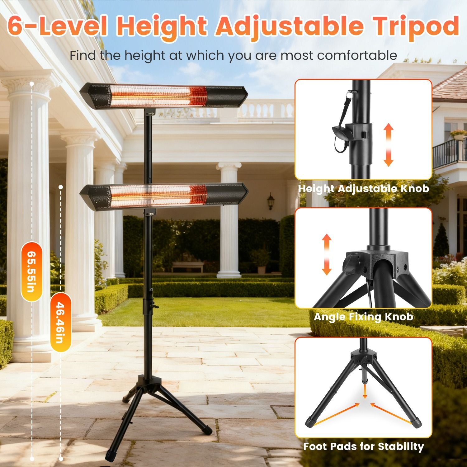 1500W Infrared Heater With Stand Electric Outdoor Patio Heater IP65 Waterproof Tripod Wall Mount with 2 Remotes 3 Heating Levels for Home Restaurant Yard Office Garage