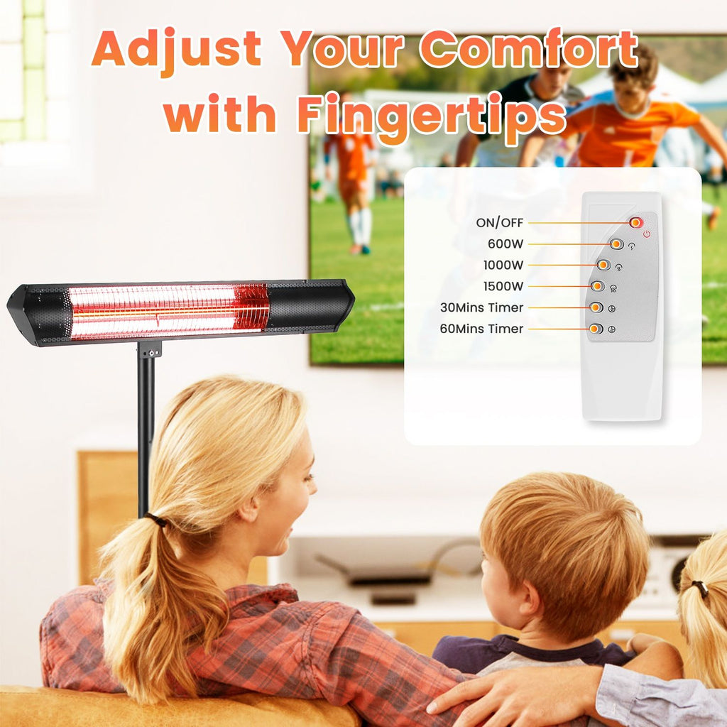 1500W Infrared Heater With Stand Electric Outdoor Patio Heater IP65 Waterproof Tripod Wall Mount with 2 Remotes 3 Heating Levels for Home Restaurant Yard Office Garage