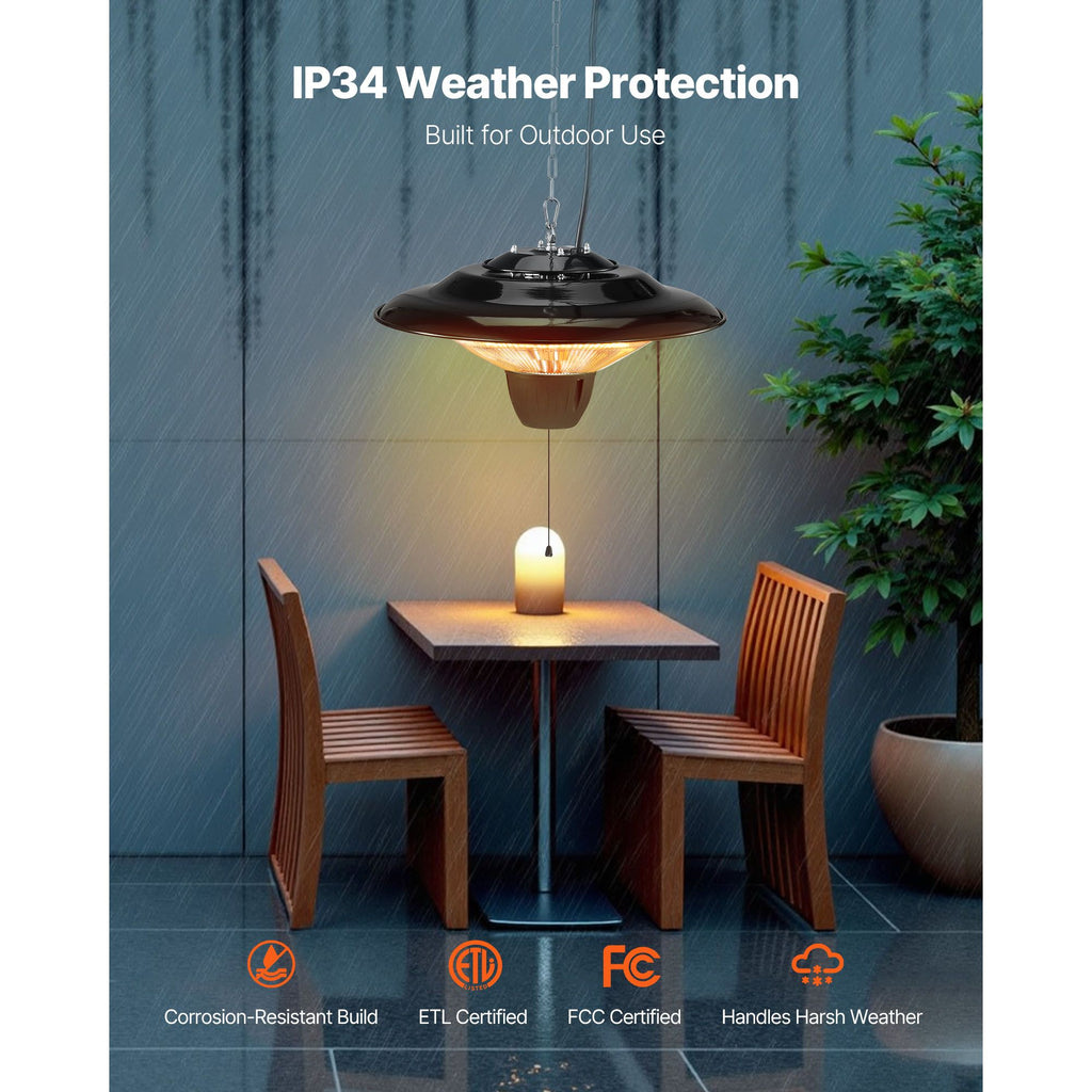 Hanging Patio Heater, 1500W Electric Space Infrared Heater, IP34 Protection with 23.6 inch Pull Cord & Adjustable Chain, for Porch,Patio,Dining Room,Studio Outdoor/Indoor