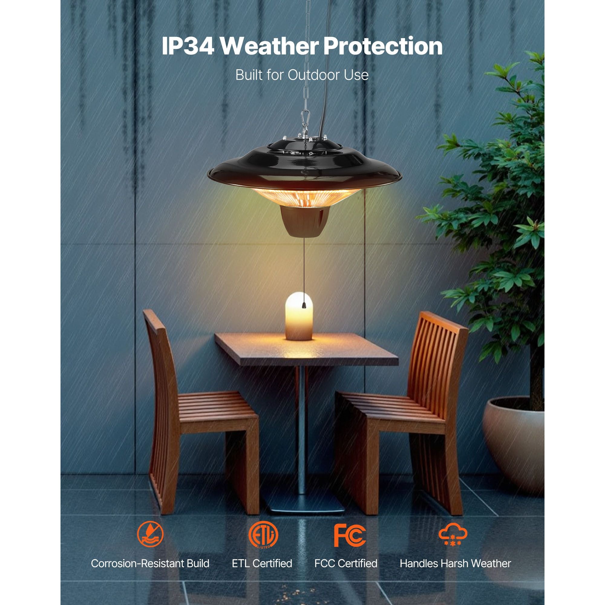 Hanging Patio Heater, 1500W Electric Space Infrared Heater, IP34 Protection with 23.6 inch Pull Cord & Adjustable Chain, for Porch,Patio,Dining Room,Studio Outdoor/Indoor