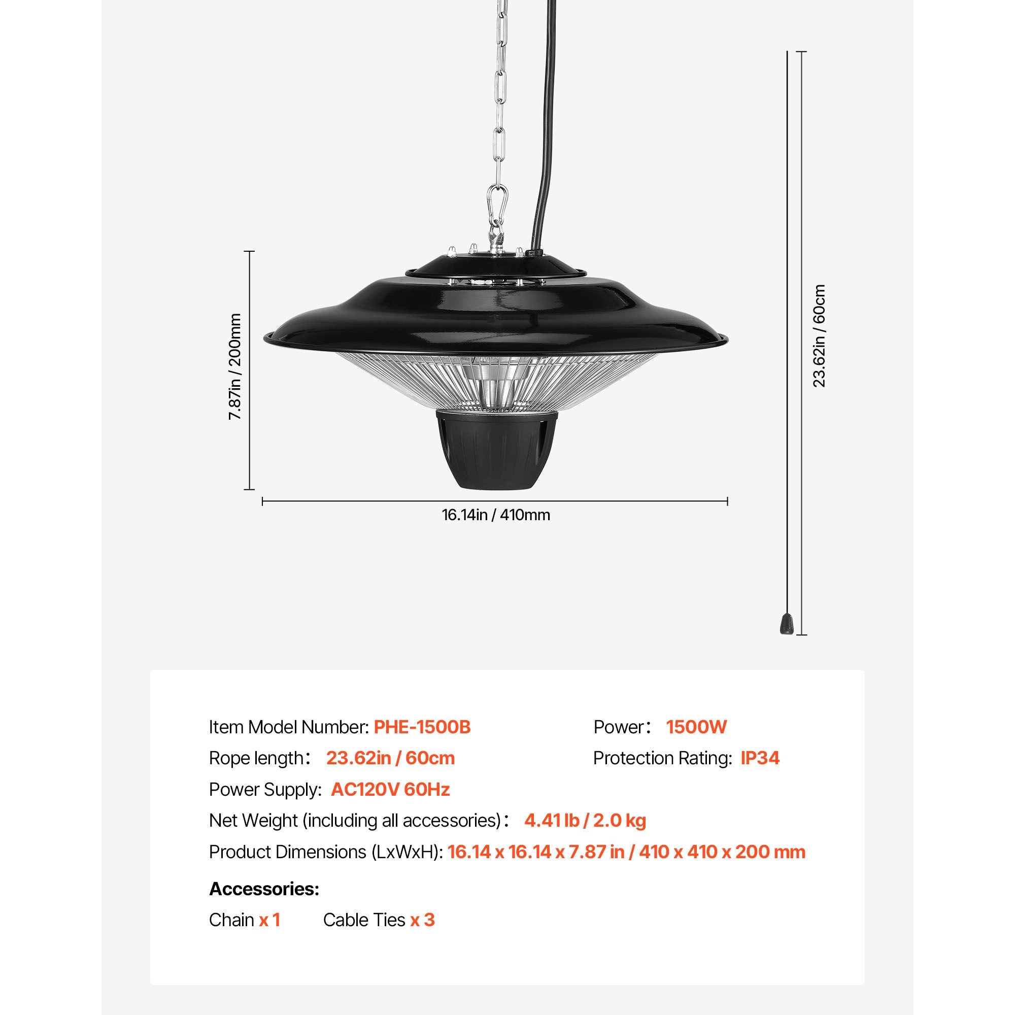 Hanging Patio Heater, 1500W Electric Space Infrared Heater, IP34 Protection with 23.6 inch Pull Cord & Adjustable Chain, for Porch,Patio,Dining Room,Studio Outdoor/Indoor
