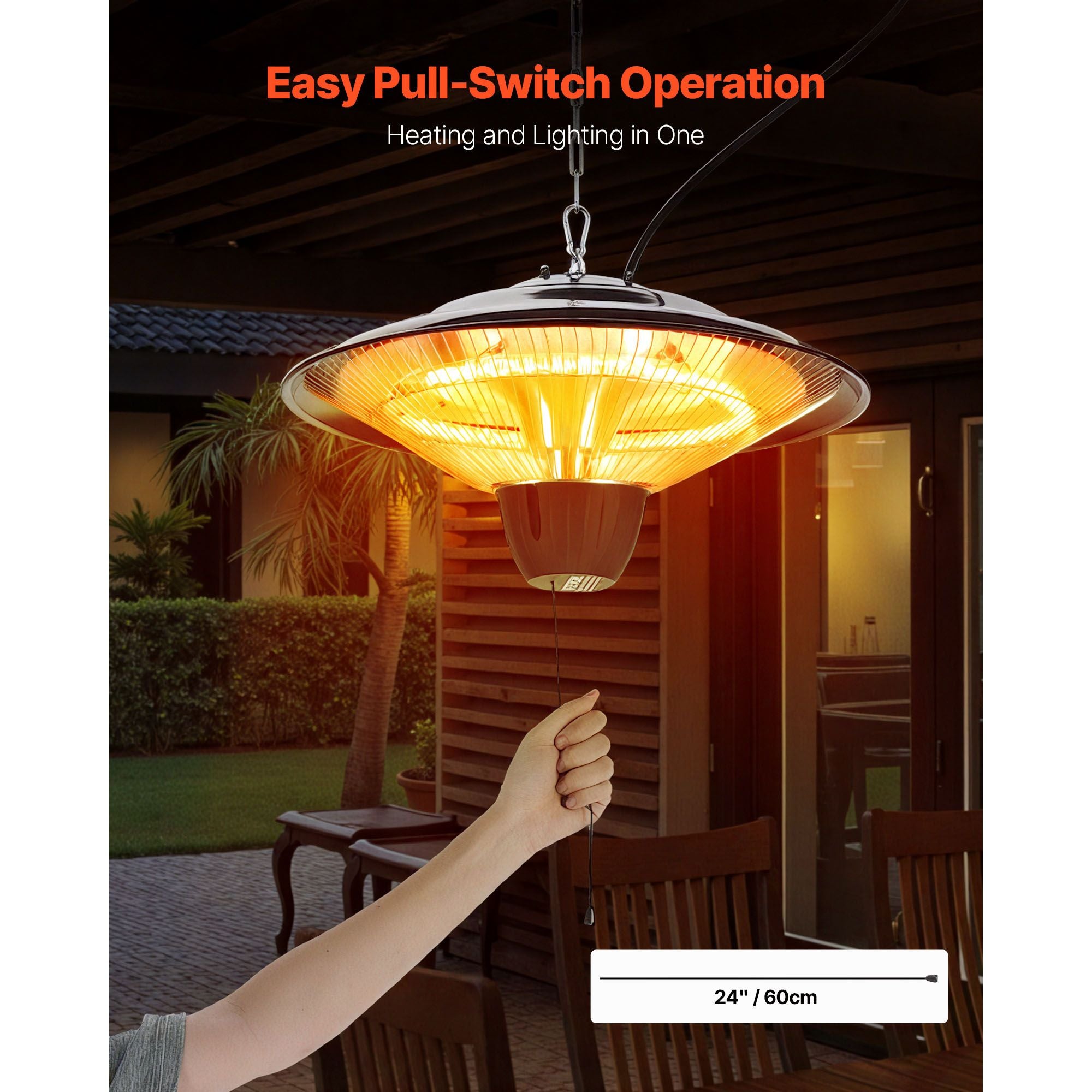 Hanging Patio Heater, 1500W Electric Space Infrared Heater, IP34 Protection with 23.6 inch Pull Cord & Adjustable Chain, for Porch,Patio,Dining Room,Studio Outdoor/Indoor