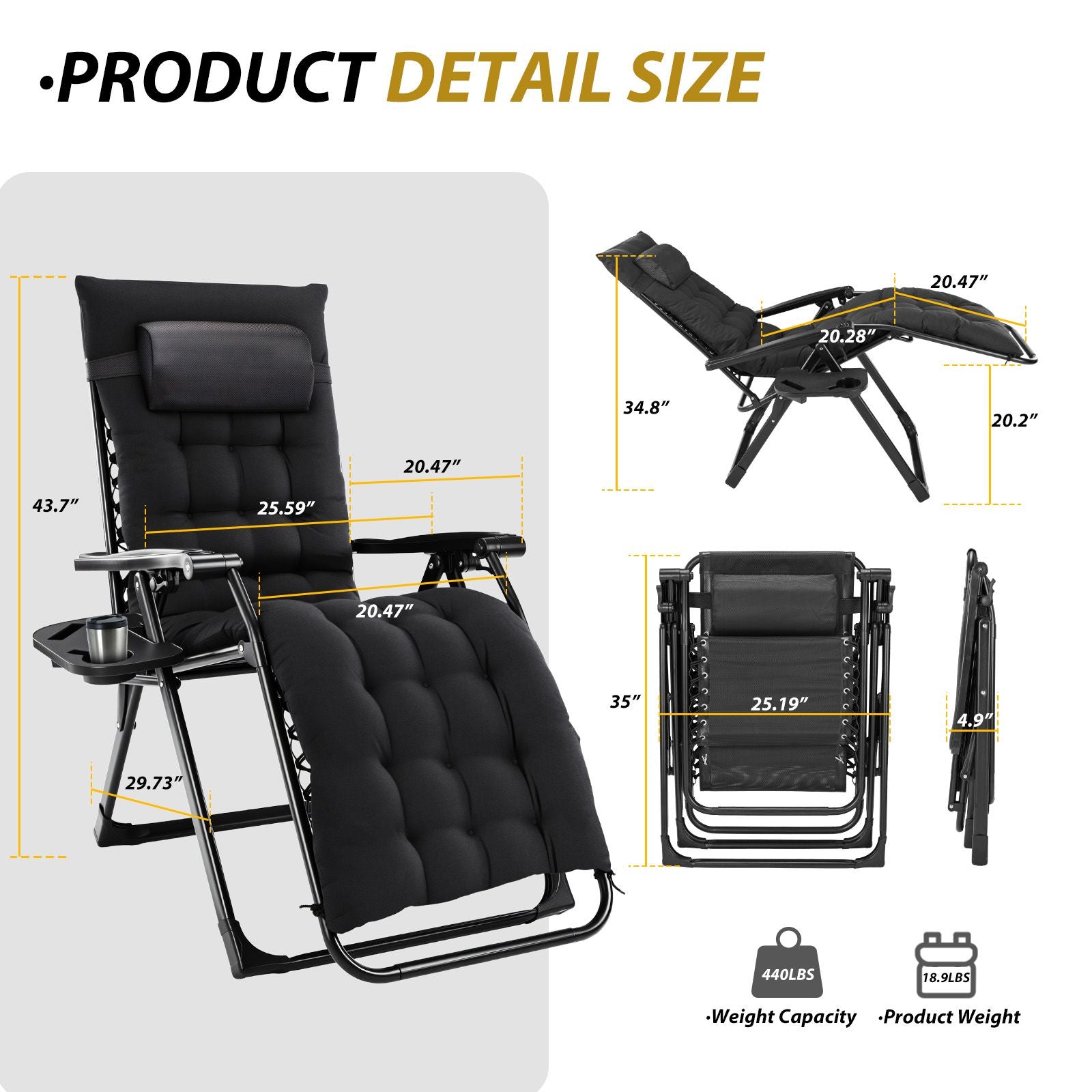 Zero Gravity Chair, Reclining Camping Lounge Chair for Indoor, Reclining Patio Chairs with Cup Holder Trays and Removable Cushion