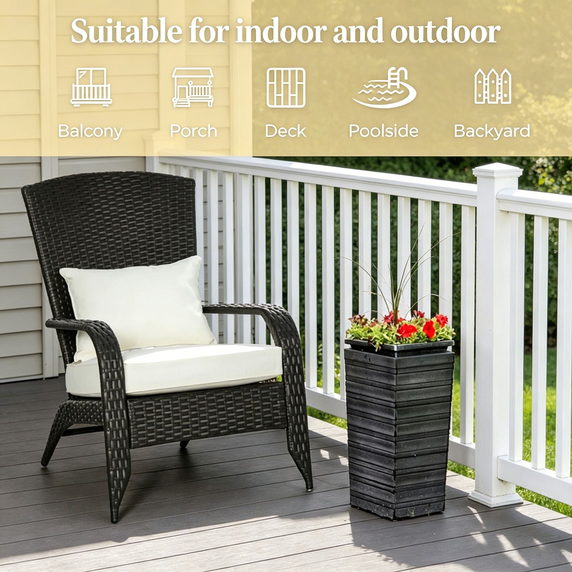 Cream White Outdoor All-Weather Rattan Fire Pit Chair with Soft Cushions Tall Curved Backrest for Garden Patio Furniture