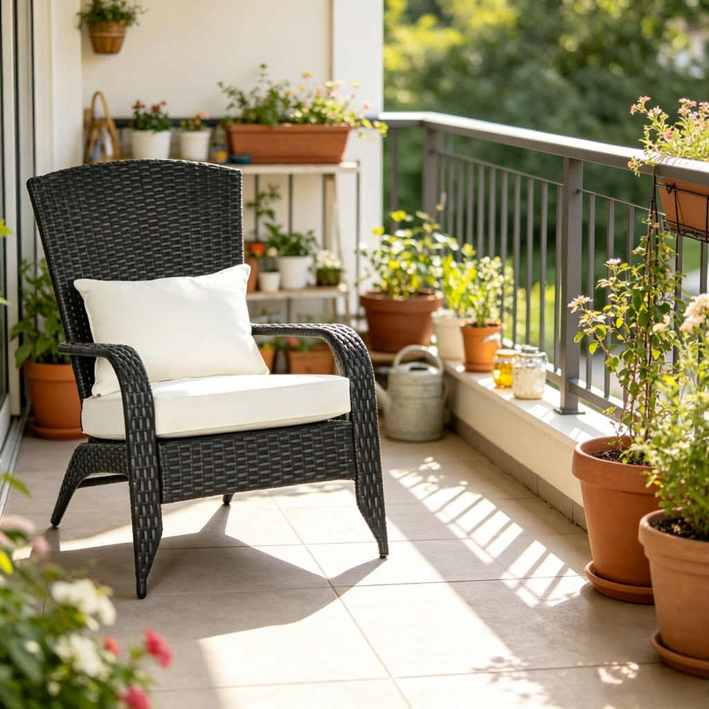 Cream White Outdoor All-Weather Rattan Fire Pit Chair with Soft Cushions Tall Curved Backrest for Garden Patio Furniture