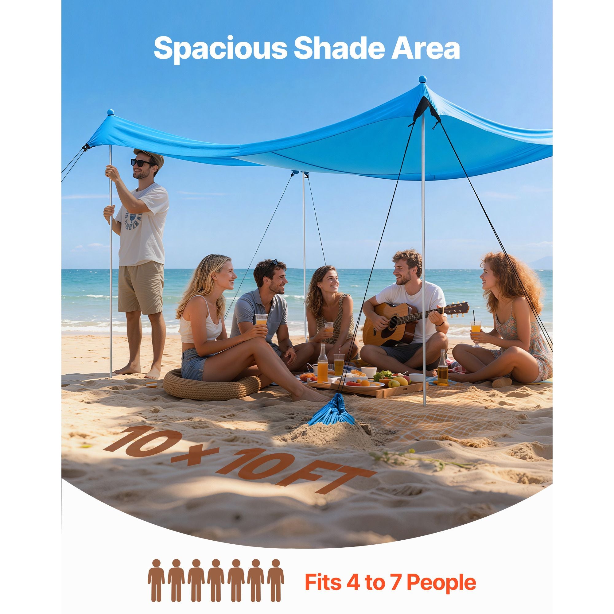 Beach Tent Sun Shelter, UPF50+ Sun Protection, 6.6 ft Tall, 10x10 ft, Easy Pop Up Beach Canopy with 8 Sandbags, Stability Poles, Sand Shovels, Portable Shade for Family Outings, Camping, Fishing