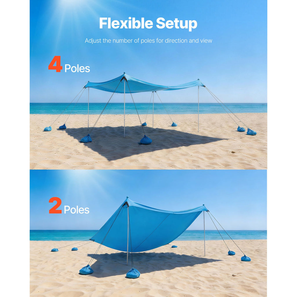 Beach Tent Sun Shelter, UPF50+ Sun Protection, 6.6 ft Tall, 10x10 ft, Easy Pop Up Beach Canopy with 8 Sandbags, Stability Poles, Sand Shovels, Portable Shade for Family Outings, Camping, Fishing