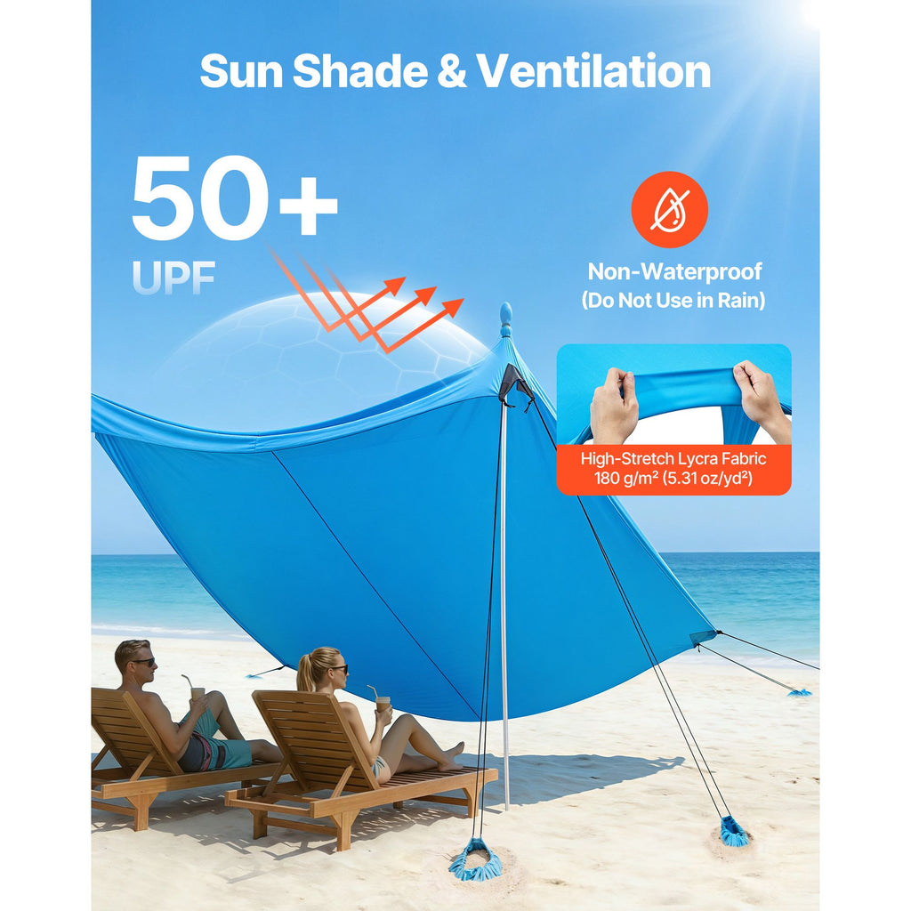 Beach Tent Sun Shelter, UPF50+ Sun Protection, 6.6 ft Tall, 10x10 ft, Easy Pop Up Beach Canopy with 8 Sandbags, Stability Poles, Sand Shovels, Portable Shade for Family Outings, Camping, Fishing