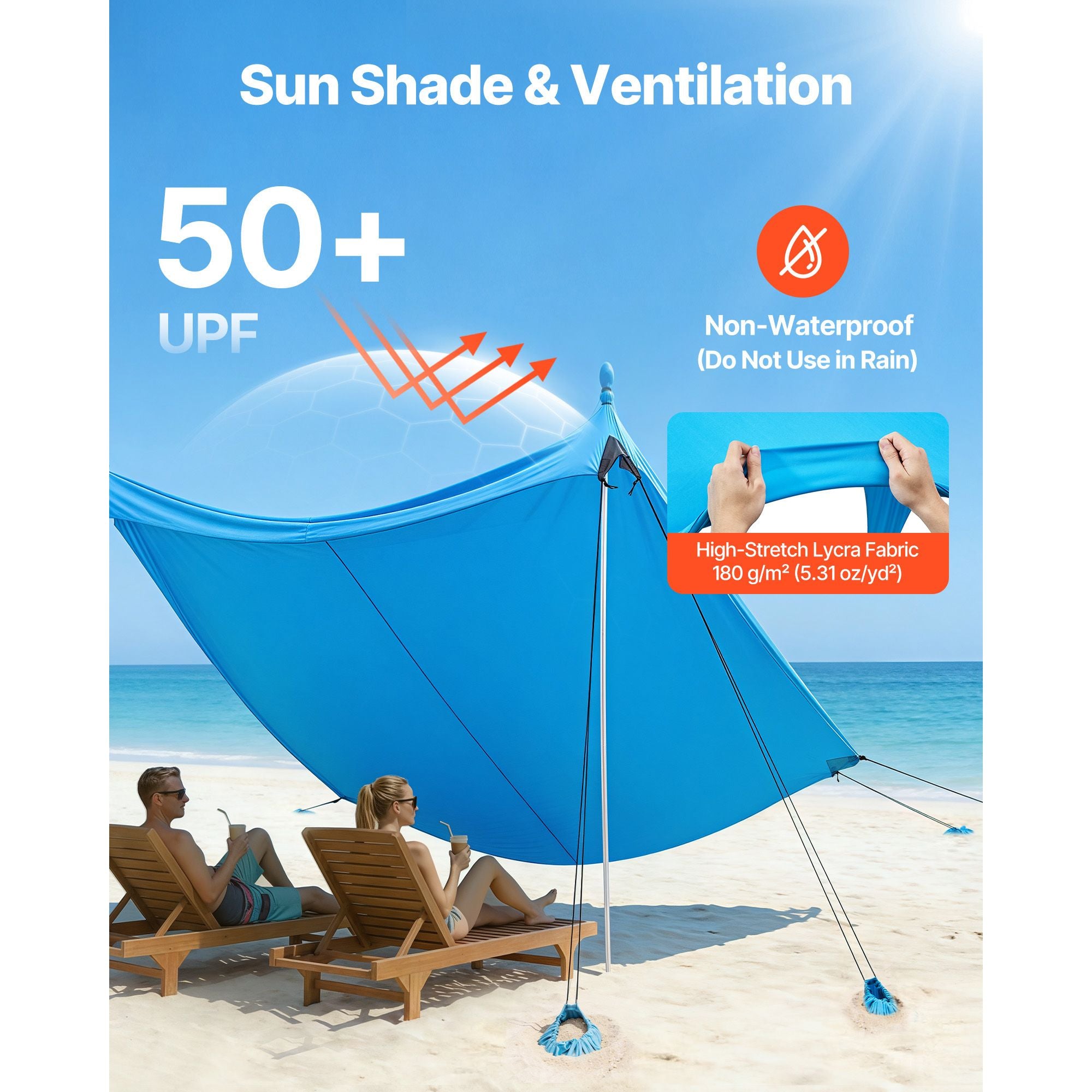Beach Tent Sun Shelter, UPF50+ Sun Protection, 6.6 ft Tall, 10x10 ft, Easy Pop Up Beach Canopy with 8 Sandbags, Stability Poles, Sand Shovels, Portable Shade for Family Outings, Camping, Fishing
