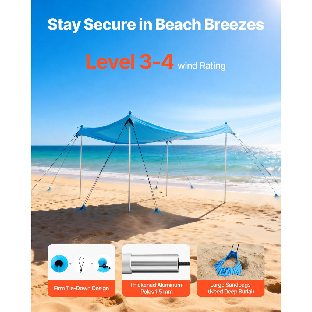 Beach Tent Sun Shelter, UPF50+ Sun Protection, 6.6 ft Tall, 10x10 ft, Easy Pop Up Beach Canopy with 8 Sandbags, Stability Poles, Sand Shovels, Portable Shade for Family Outings, Camping, Fishing