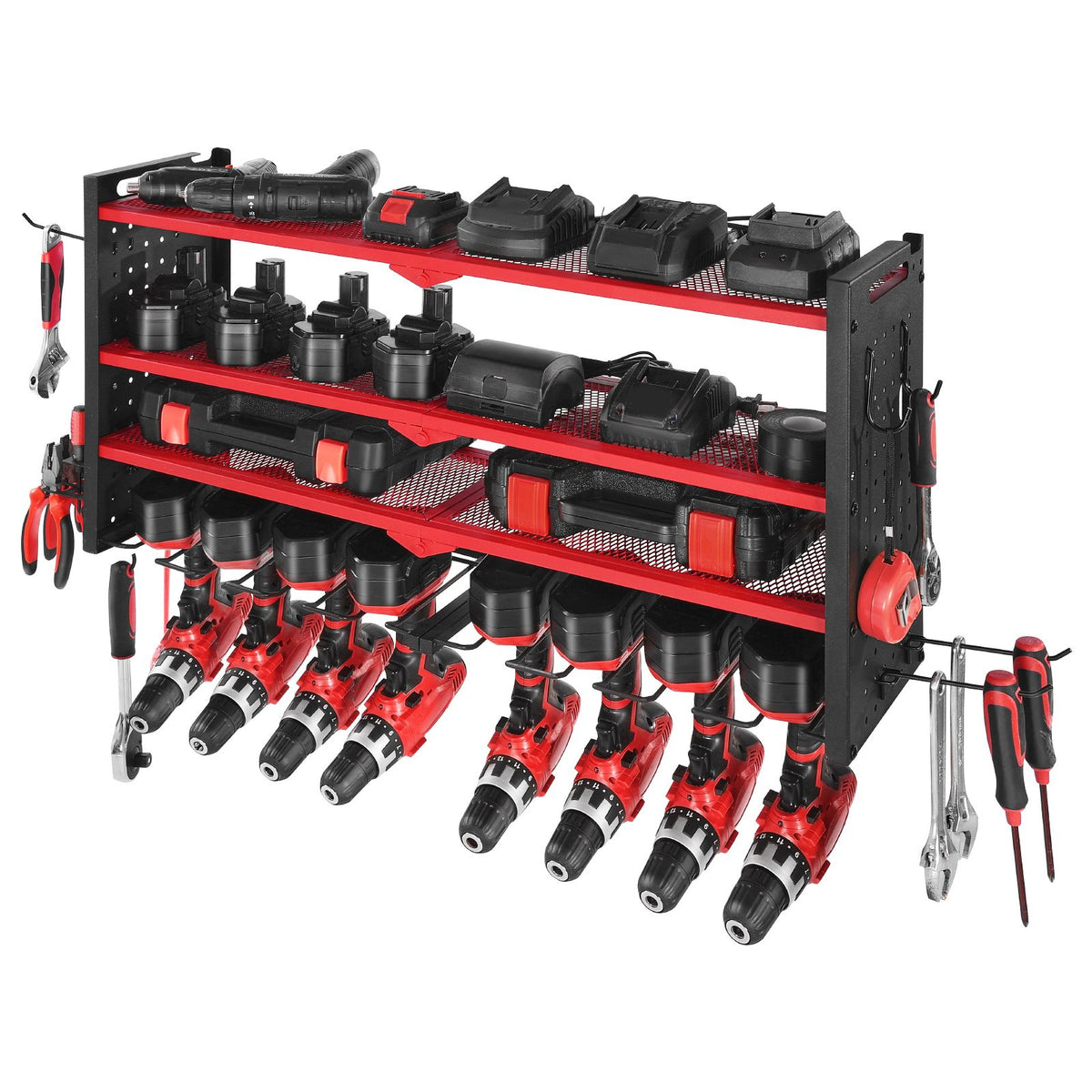 Power Tool Organizer Wall Mount, 4-Layer Storage Rack with 8 Drill Holders, Tools Holder and Storage Rack with Side