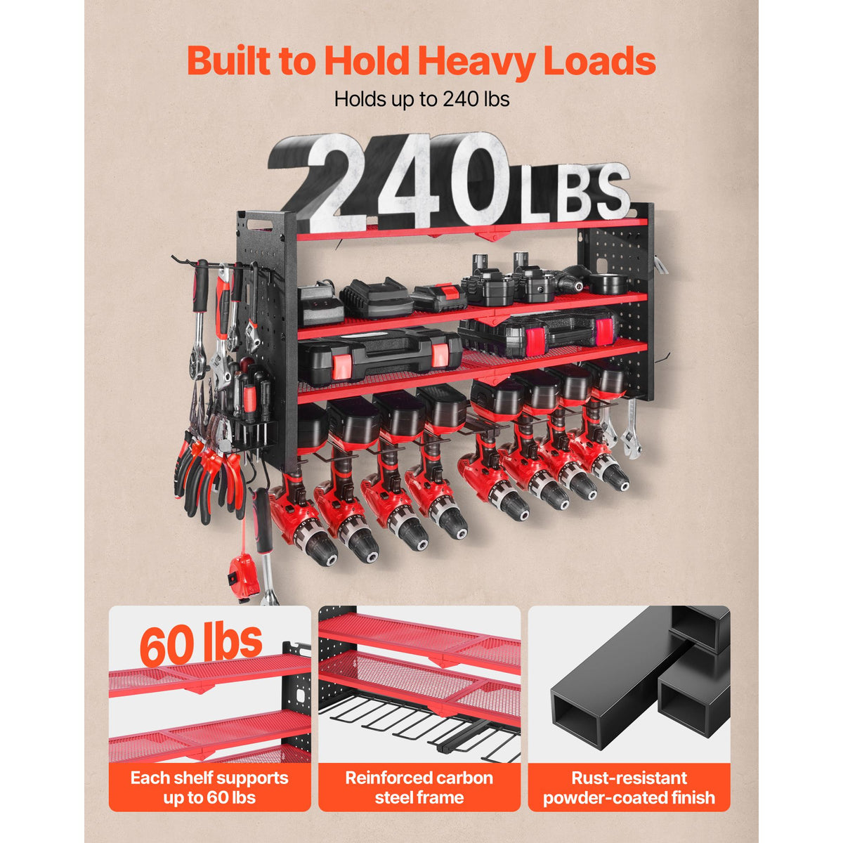 Power Tool Organizer Wall Mount, 4-Layer Storage Rack with 8 Drill Holders, Tools Holder and Storage Rack with Side