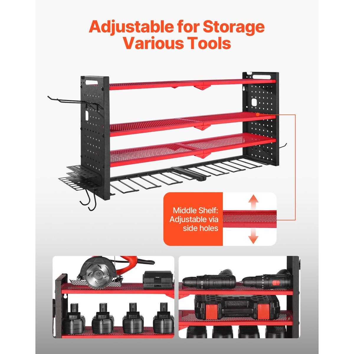 Power Tool Organizer Wall Mount, 4-Layer Storage Rack with 8 Drill Holders, Tools Holder and Storage Rack with Side