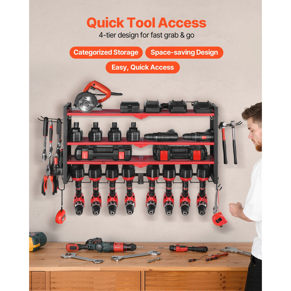 Power Tool Organizer Wall Mount, 4-Layer Storage Rack with 8 Drill Holders, Tools Holder and Storage Rack with Side