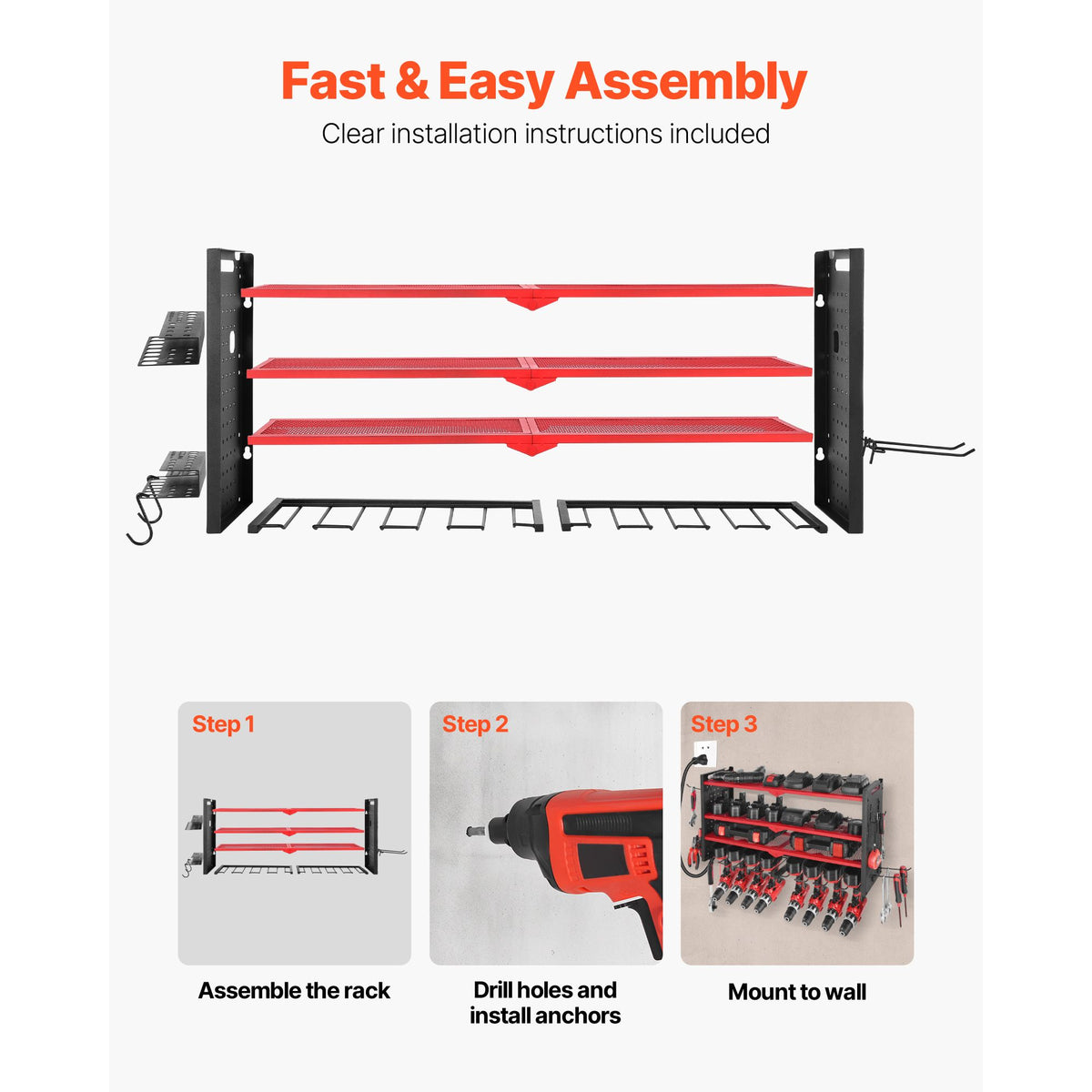 Power Tool Organizer Wall Mount, 4-Layer Storage Rack with 8 Drill Holders, Tools Holder and Storage Rack with Side