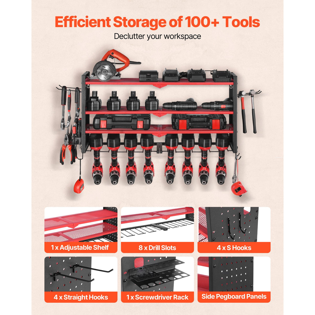 Power Tool Organizer Wall Mount, 4-Layer Storage Rack with 8 Drill Holders, Tools Holder and Storage Rack with Side