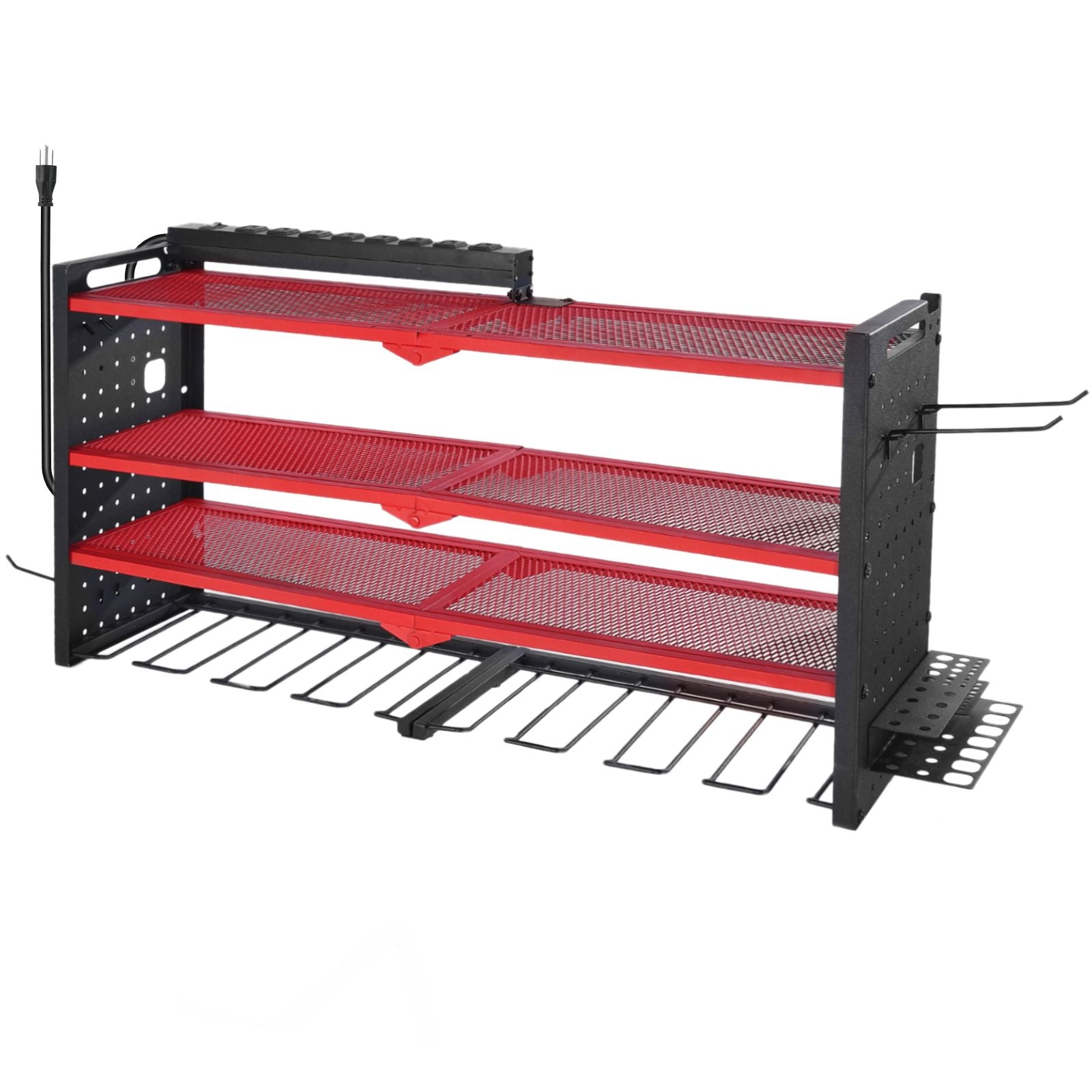 Power Tool Organizer with Charging Station, 4-Layer Drill Storage Rack with 8 Drill Holders & Side Pegboard, Garage Tool Organizer Built in 8 Outlet Power Strips for Garage, Workbench, Workshop