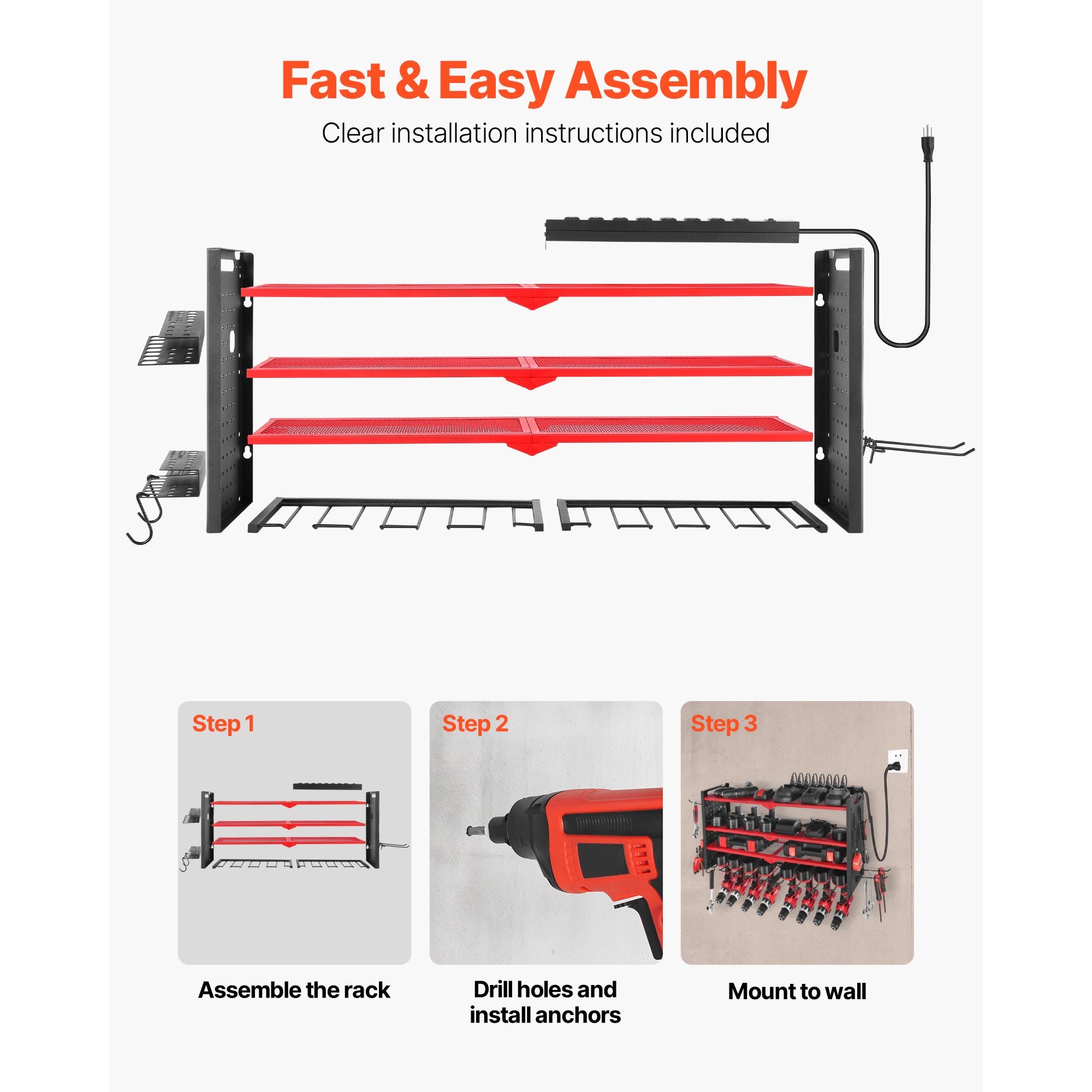 Power Tool Organizer with Charging Station, 4-Layer Drill Storage Rack with 8 Drill Holders & Side Pegboard, Garage Tool Organizer Built in 8 Outlet Power Strips for Garage, Workbench, Workshop