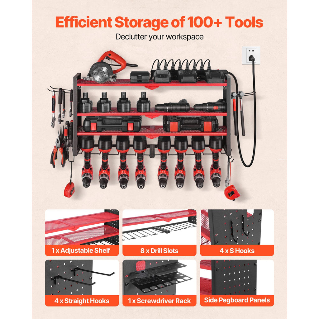 Power Tool Organizer with Charging Station, 4-Layer Drill Storage Rack with 8 Drill Holders & Side Pegboard, Garage Tool Organizer Built in 8 Outlet Power Strips for Garage, Workbench, Workshop