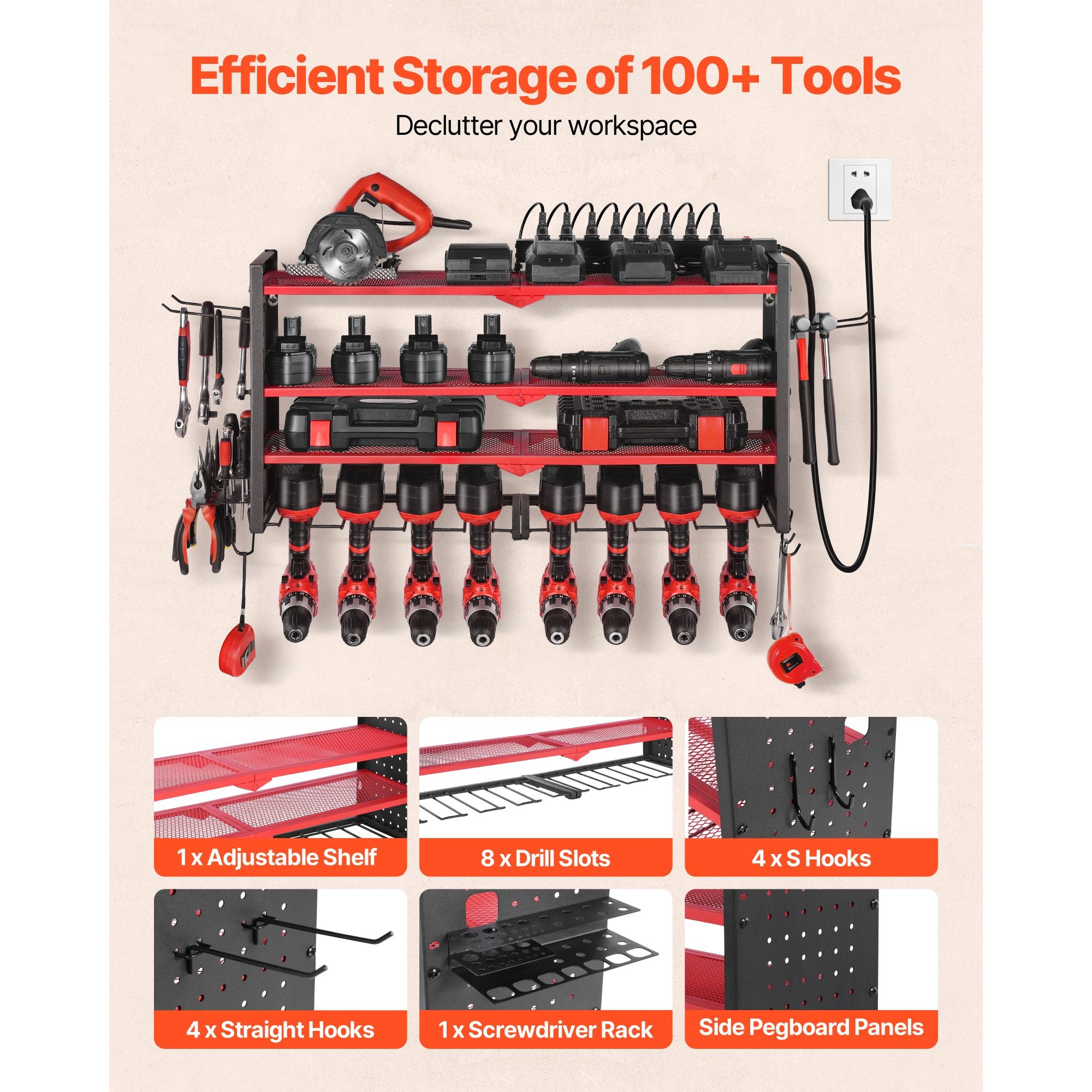 Power Tool Organizer with Charging Station, 4-Layer Drill Storage Rack with 8 Drill Holders & Side Pegboard, Garage Tool Organizer Built in 8 Outlet Power Strips for Garage, Workbench, Workshop