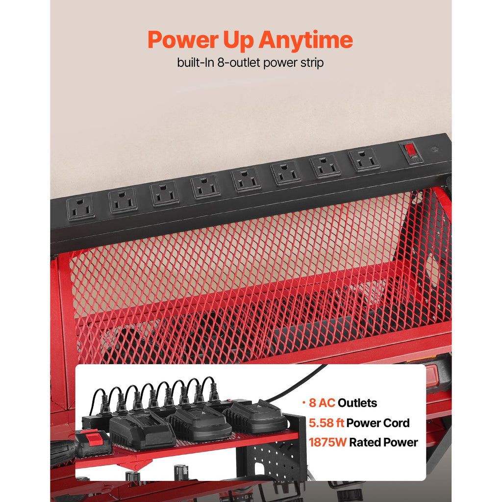 Power Tool Organizer with Charging Station, 4-Layer Drill Storage Rack with 8 Drill Holders & Side Pegboard, Garage Tool Organizer Built in 8 Outlet Power Strips for Garage, Workbench, Workshop