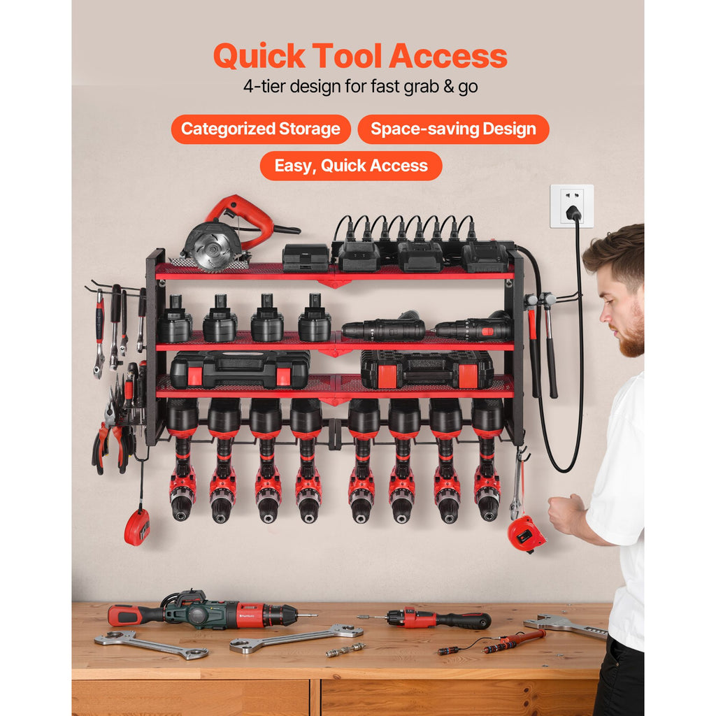 Power Tool Organizer with Charging Station, 4-Layer Drill Storage Rack with 8 Drill Holders & Side Pegboard, Garage Tool Organizer Built in 8 Outlet Power Strips for Garage, Workbench, Workshop