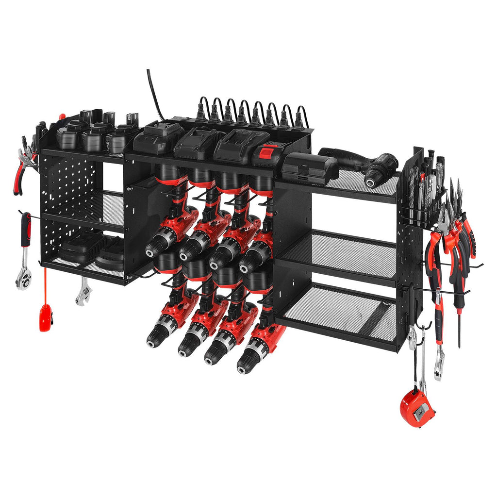 Power Tool Organizer with Charging Station, 3-Layer Power Tool Battery Storage Rack with 5.58 ft Power Strip, 8 Drill Holders & 8 Outlets, Garage Tool Organizer for Garage, Workbench, Workshop