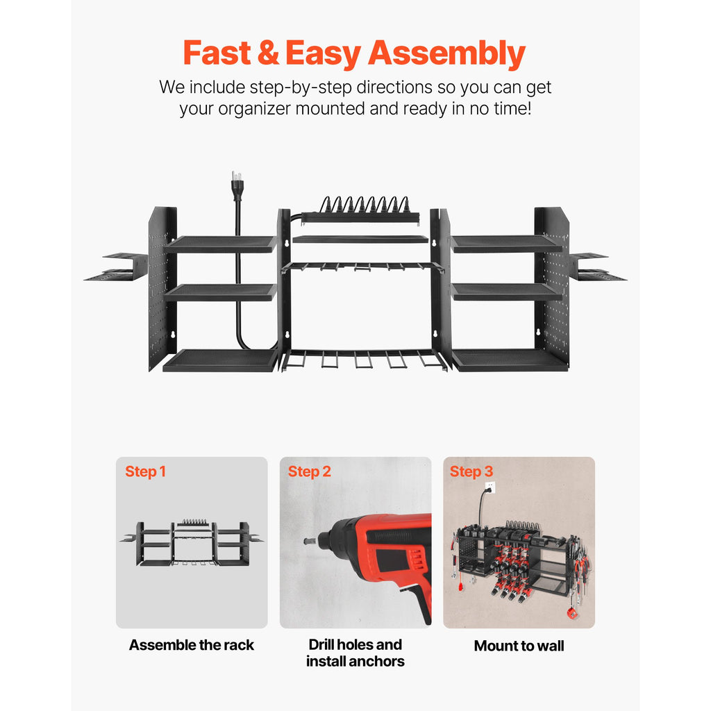 Power Tool Organizer with Charging Station, 3-Layer Power Tool Battery Storage Rack with 5.58 ft Power Strip, 8 Drill Holders & 8 Outlets, Garage Tool Organizer for Garage, Workbench, Workshop