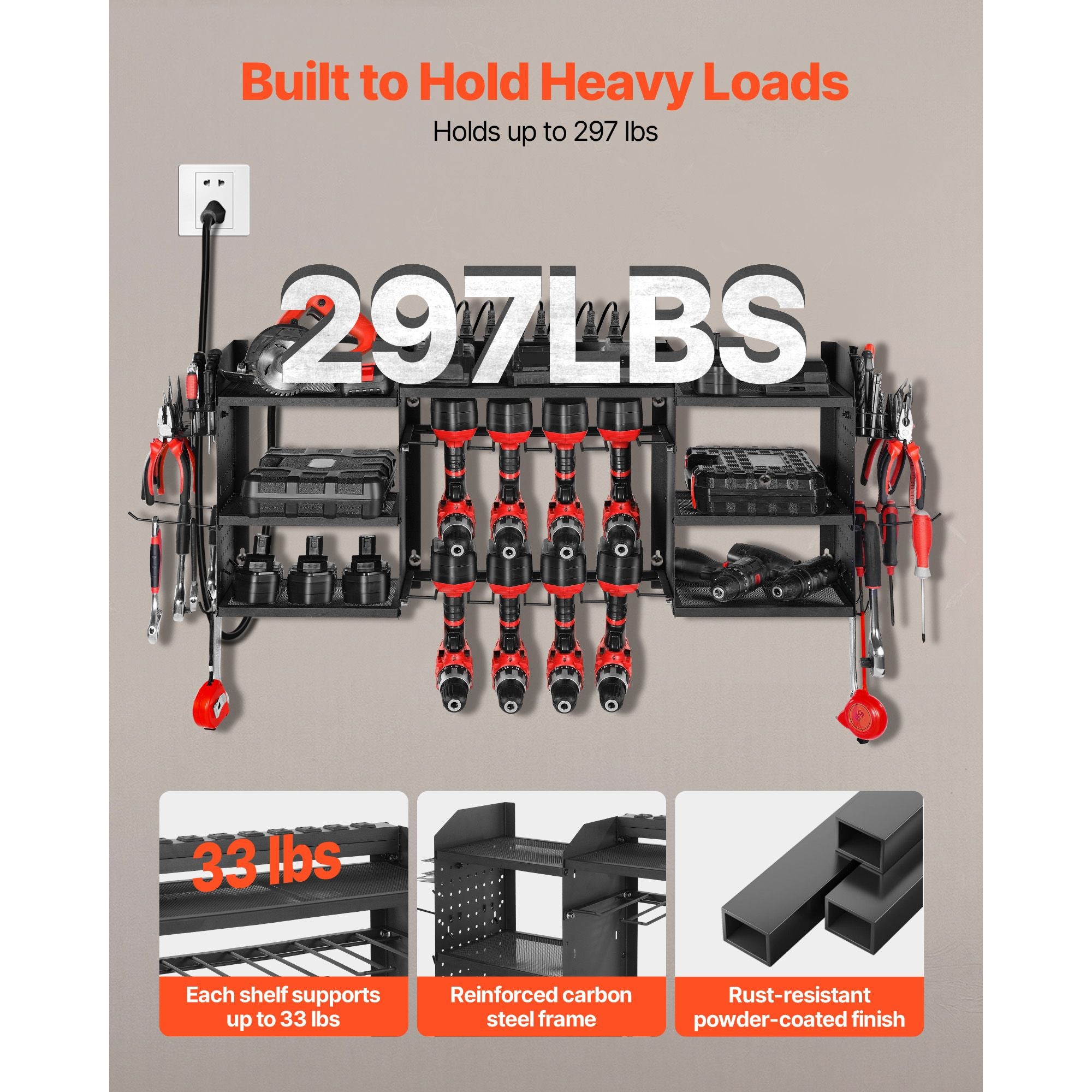 Power Tool Organizer with Charging Station, 3-Layer Power Tool Battery Storage Rack with 5.58 ft Power Strip, 8 Drill Holders & 8 Outlets, Garage Tool Organizer for Garage, Workbench, Workshop