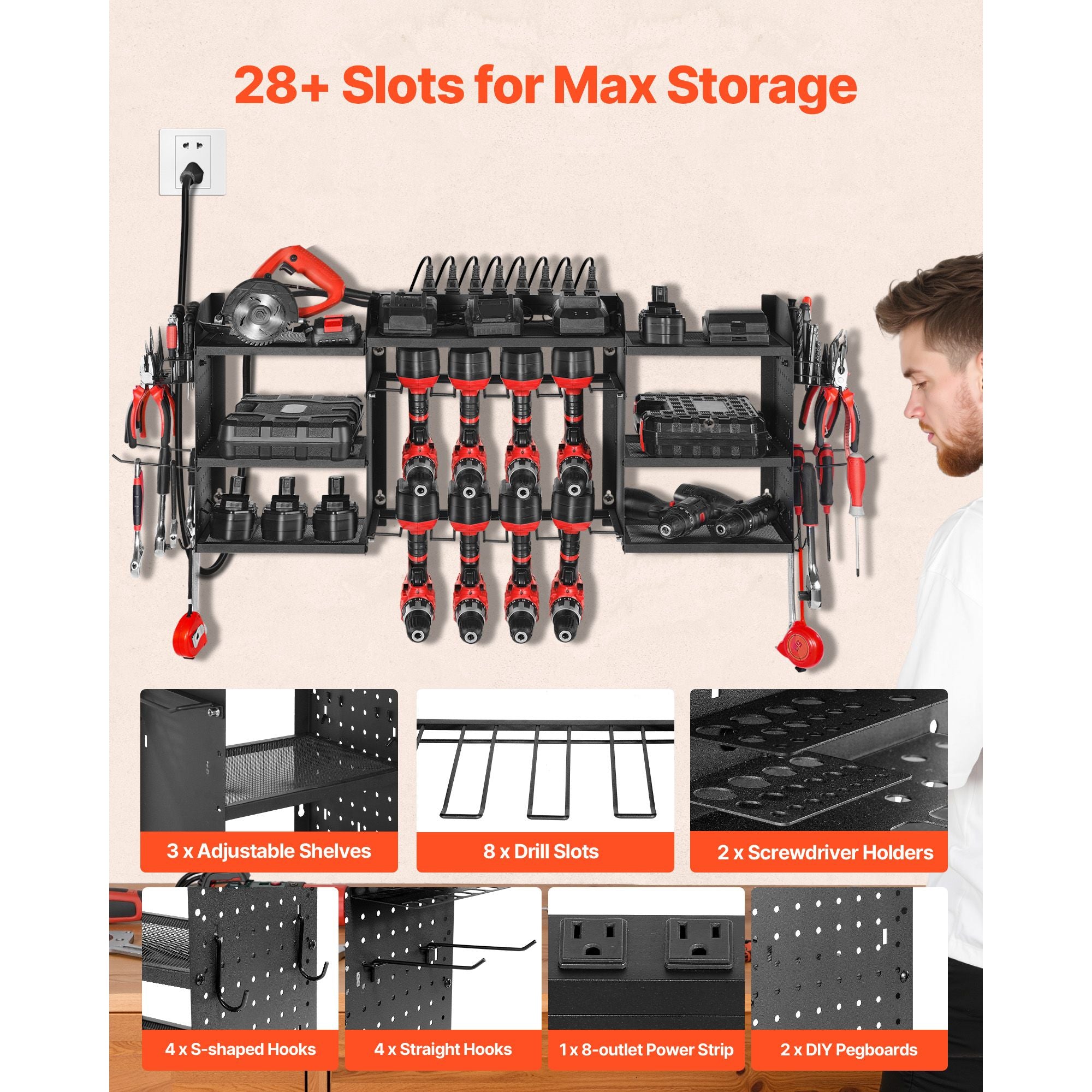Power Tool Organizer with Charging Station, 3-Layer Power Tool Battery Storage Rack with 5.58 ft Power Strip, 8 Drill Holders & 8 Outlets, Garage Tool Organizer for Garage, Workbench, Workshop