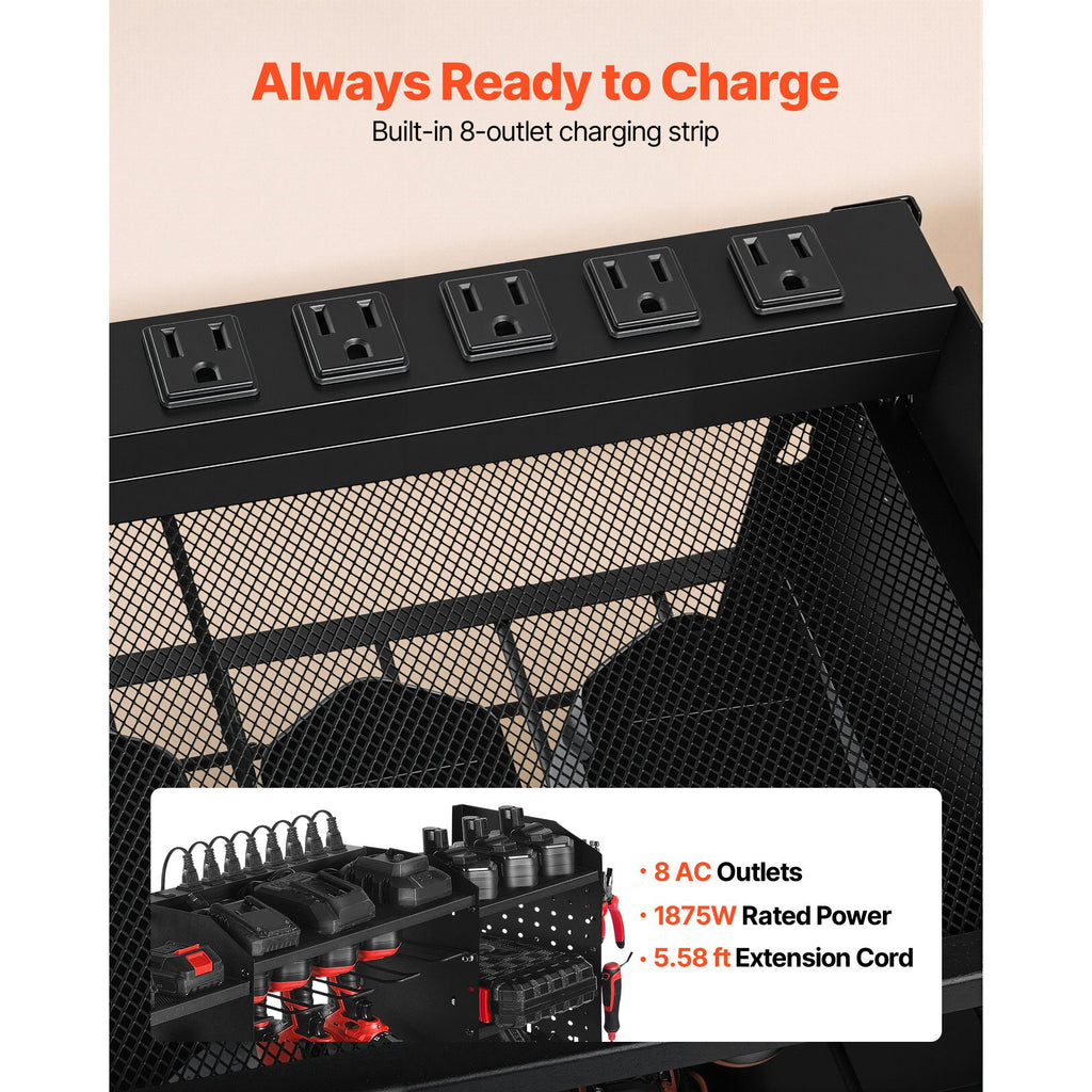 Power Tool Organizer with Charging Station, 3-Layer Power Tool Battery Storage Rack with 5.58 ft Power Strip, 8 Drill Holders & 8 Outlets, Garage Tool Organizer for Garage, Workbench, Workshop