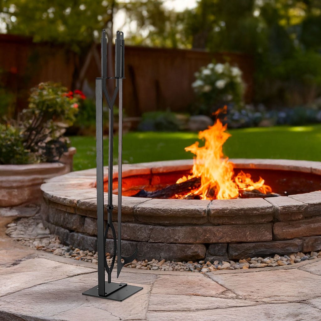 Fireplace Tool Set, 3 PCS Fire Tool Set and Holder with Stand, Tongs, Fire Place Poker, Wrought Iron Fireplace Accessories for Campfire Backyard Bonfire Indoor/Outdoor, Black