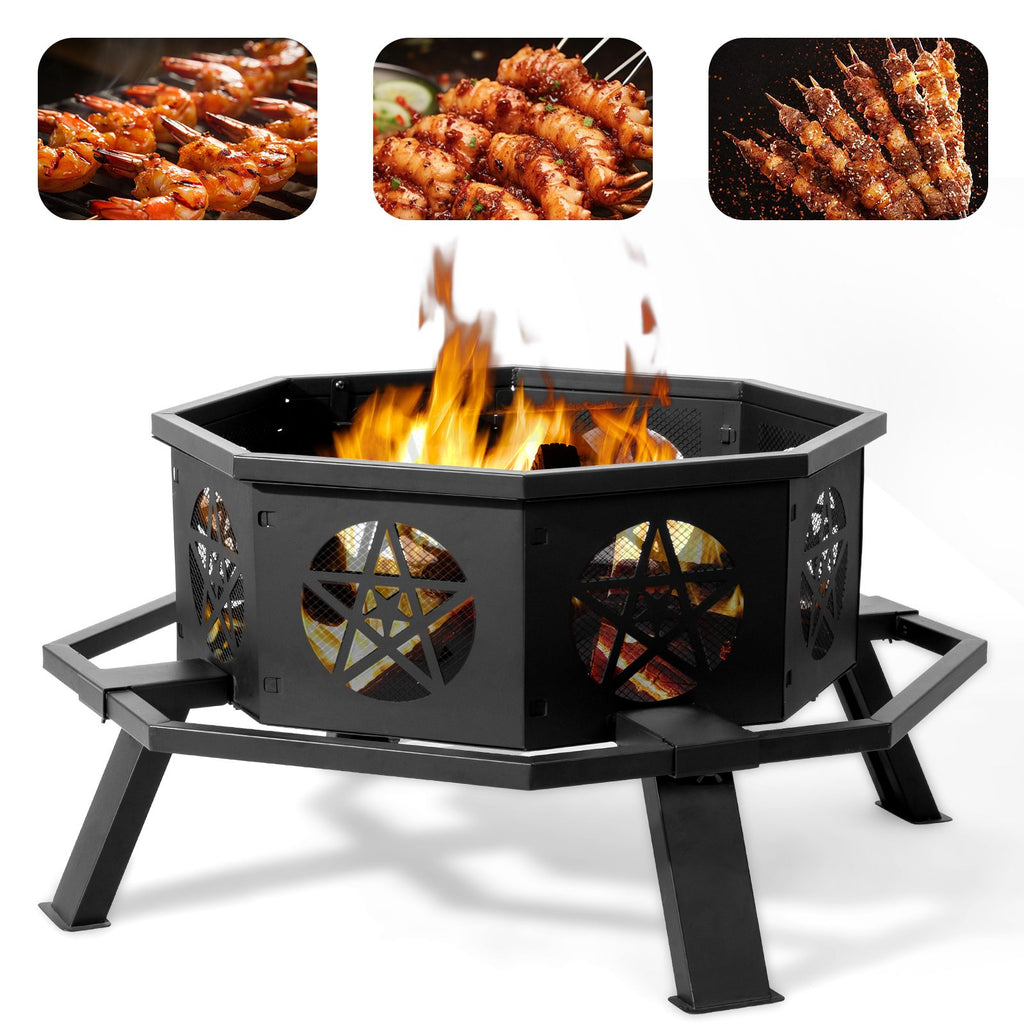 Same Code0784960335" Octagonal Sheet Assembled Fire Pit, Black Heavy Duty Wrought Iron Wood Fire Pit with Foot Rest Pedals, Pentagram Ventilation Design Outdoor Bonfire Pit for Garden BBQ Heating