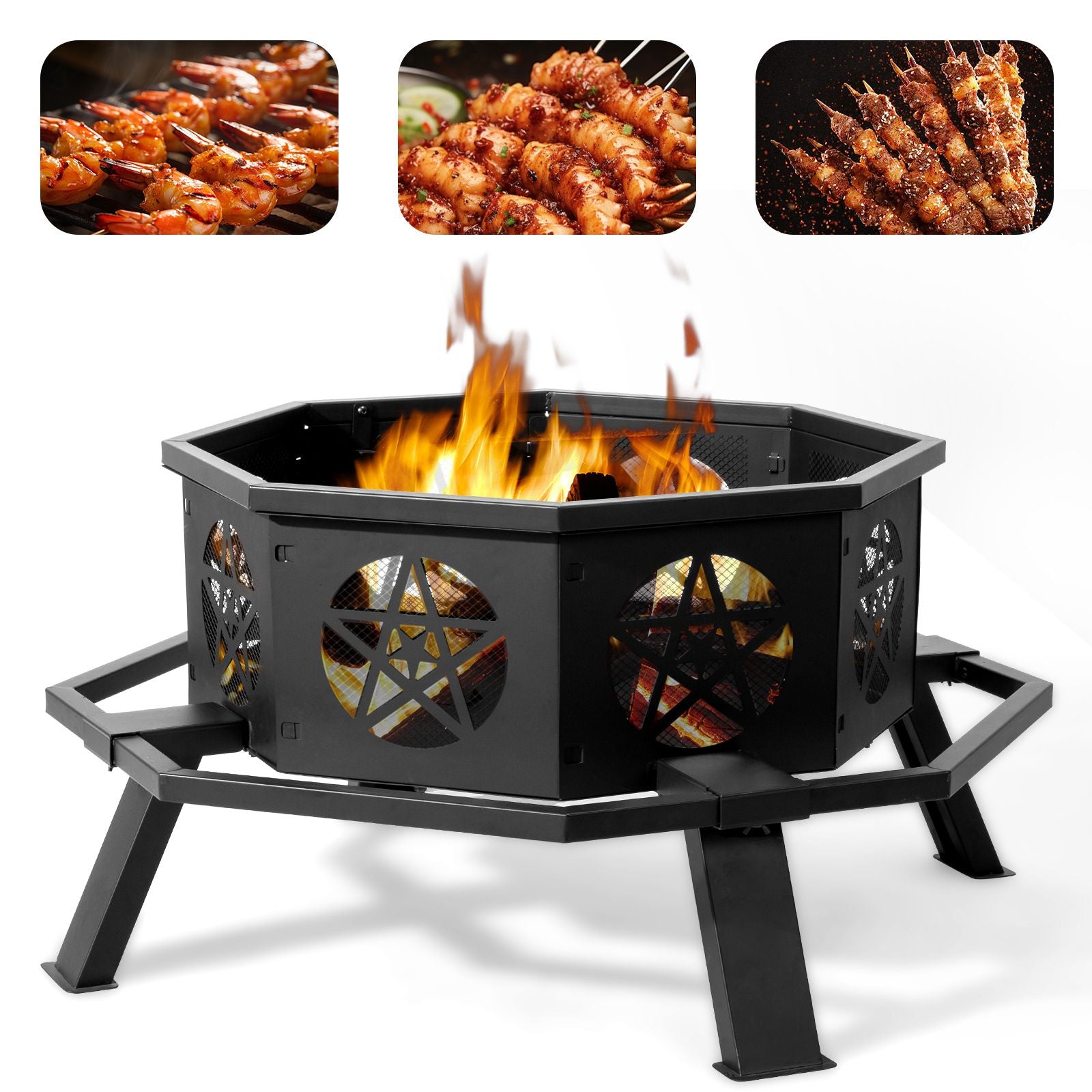 Same Code0784960335" Octagonal Sheet Assembled Fire Pit, Black Heavy Duty Wrought Iron Wood Fire Pit with Foot Rest Pedals, Pentagram Ventilation Design Outdoor Bonfire Pit for Garden BBQ Heating