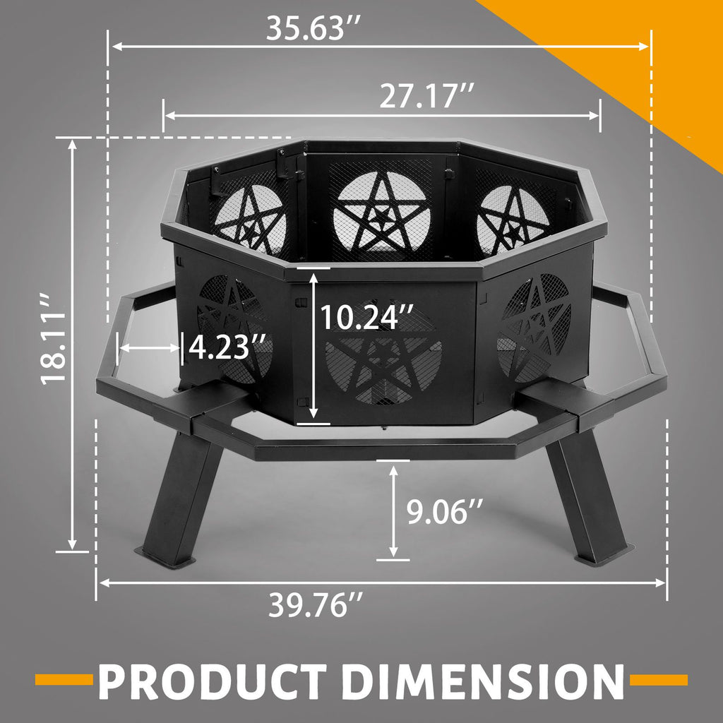 Same Code0784960335" Octagonal Sheet Assembled Fire Pit, Black Heavy Duty Wrought Iron Wood Fire Pit with Foot Rest Pedals, Pentagram Ventilation Design Outdoor Bonfire Pit for Garden BBQ Heating