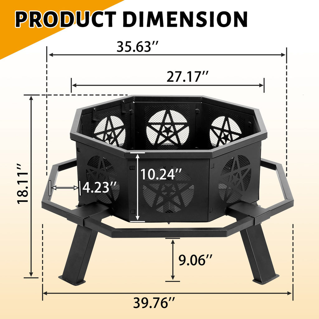 Same Code0784960335" Octagonal Sheet Assembled Fire Pit, Black Heavy Duty Wrought Iron Wood Fire Pit with Foot Rest Pedals, Pentagram Ventilation Design Outdoor Bonfire Pit for Garden BBQ Heating