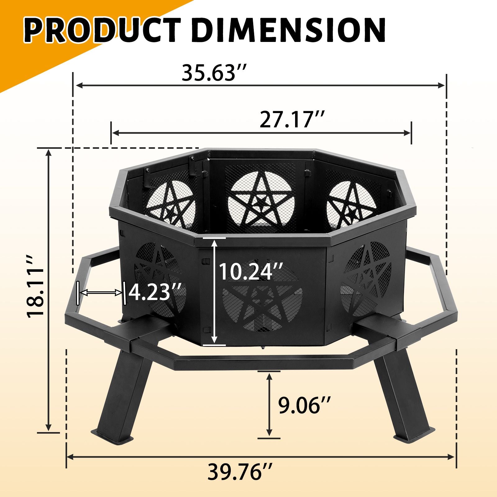 Same Code0784960335" Octagonal Sheet Assembled Fire Pit, Black Heavy Duty Wrought Iron Wood Fire Pit with Foot Rest Pedals, Pentagram Ventilation Design Outdoor Bonfire Pit for Garden BBQ Heating