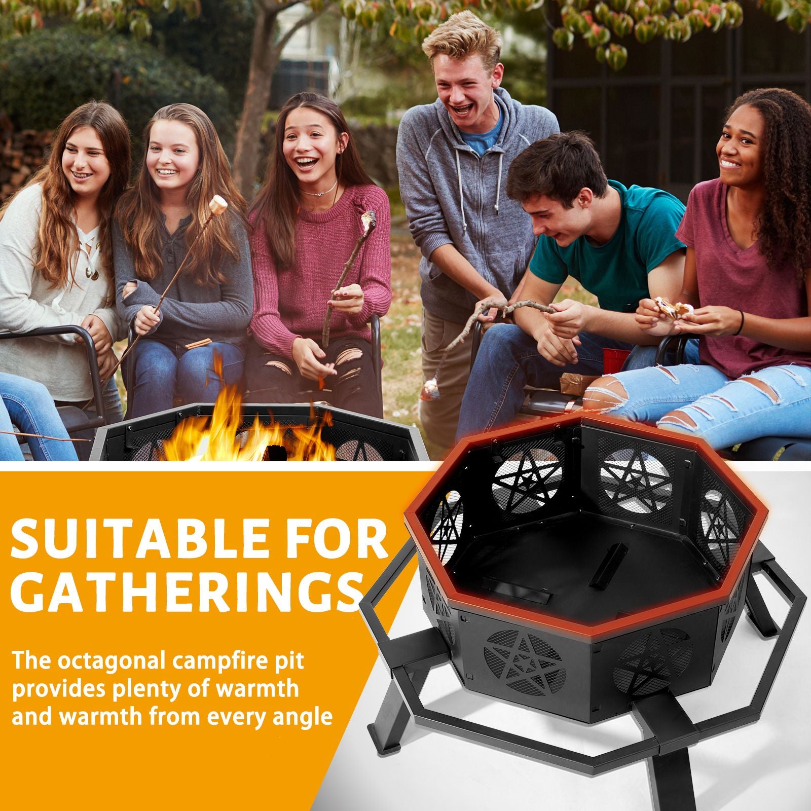 Same Code0784960335" Octagonal Sheet Assembled Fire Pit, Black Heavy Duty Wrought Iron Wood Fire Pit with Foot Rest Pedals, Pentagram Ventilation Design Outdoor Bonfire Pit for Garden BBQ Heating