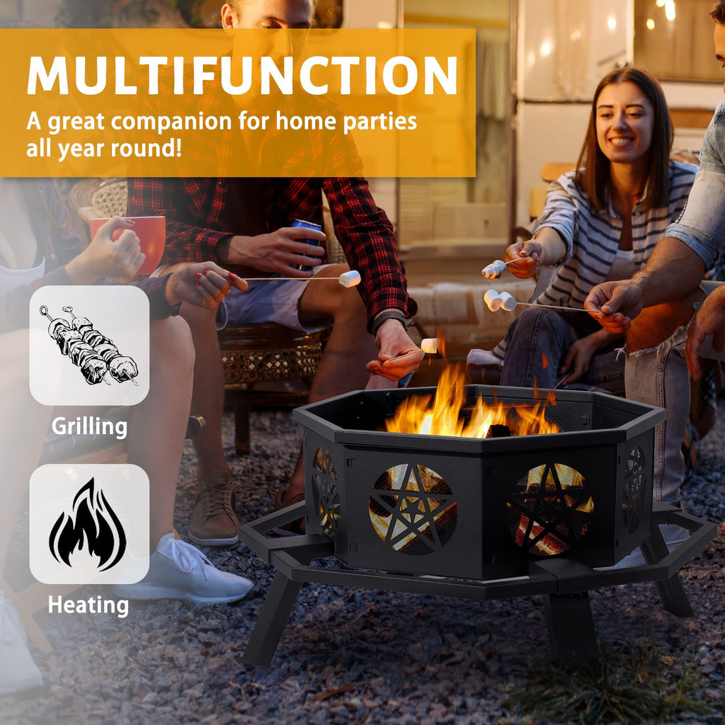 Same Code0784960335" Octagonal Sheet Assembled Fire Pit, Black Heavy Duty Wrought Iron Wood Fire Pit with Foot Rest Pedals, Pentagram Ventilation Design Outdoor Bonfire Pit for Garden BBQ Heating