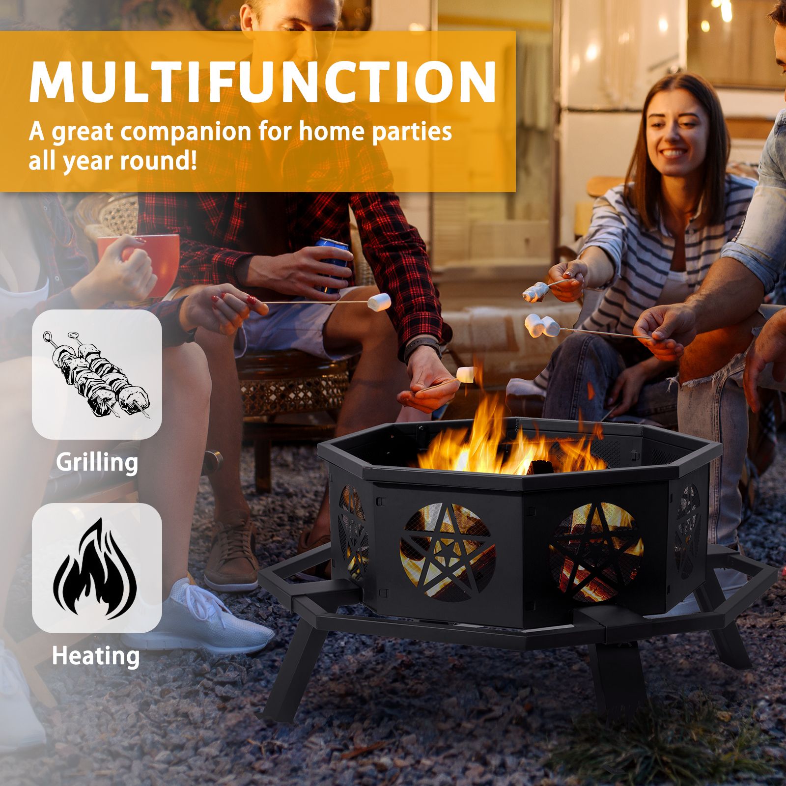 Same Code0784960335" Octagonal Sheet Assembled Fire Pit, Black Heavy Duty Wrought Iron Wood Fire Pit with Foot Rest Pedals, Pentagram Ventilation Design Outdoor Bonfire Pit for Garden BBQ Heating
