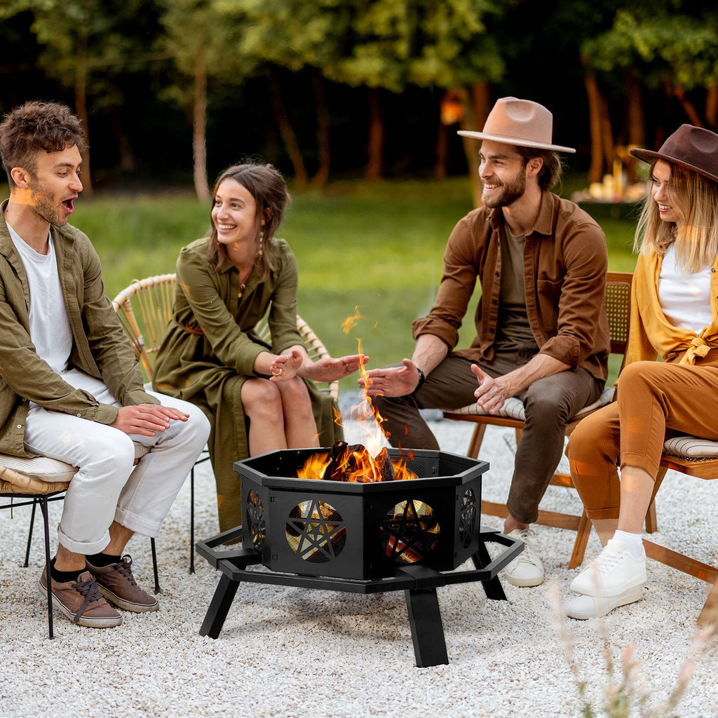 Same Code0784960335" Octagonal Sheet Assembled Fire Pit, Black Heavy Duty Wrought Iron Wood Fire Pit with Foot Rest Pedals, Pentagram Ventilation Design Outdoor Bonfire Pit for Garden BBQ Heating