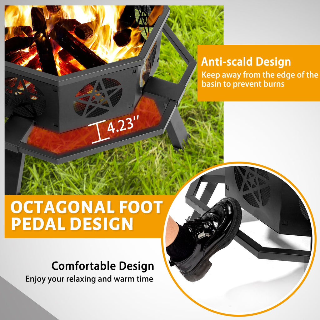 Same Code0784960335" Octagonal Sheet Assembled Fire Pit, Black Heavy Duty Wrought Iron Wood Fire Pit with Foot Rest Pedals, Pentagram Ventilation Design Outdoor Bonfire Pit for Garden BBQ Heating