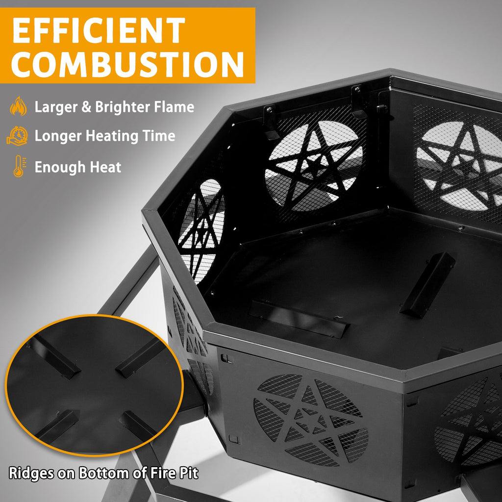 Same Code0784960335" Octagonal Sheet Assembled Fire Pit, Black Heavy Duty Wrought Iron Wood Fire Pit with Foot Rest Pedals, Pentagram Ventilation Design Outdoor Bonfire Pit for Garden BBQ Heating