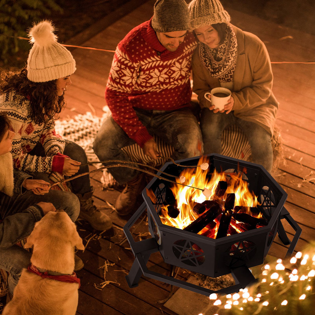 Same Code0784960335" Octagonal Sheet Assembled Fire Pit, Black Heavy Duty Wrought Iron Wood Fire Pit with Foot Rest Pedals, Pentagram Ventilation Design Outdoor Bonfire Pit for Garden BBQ Heating