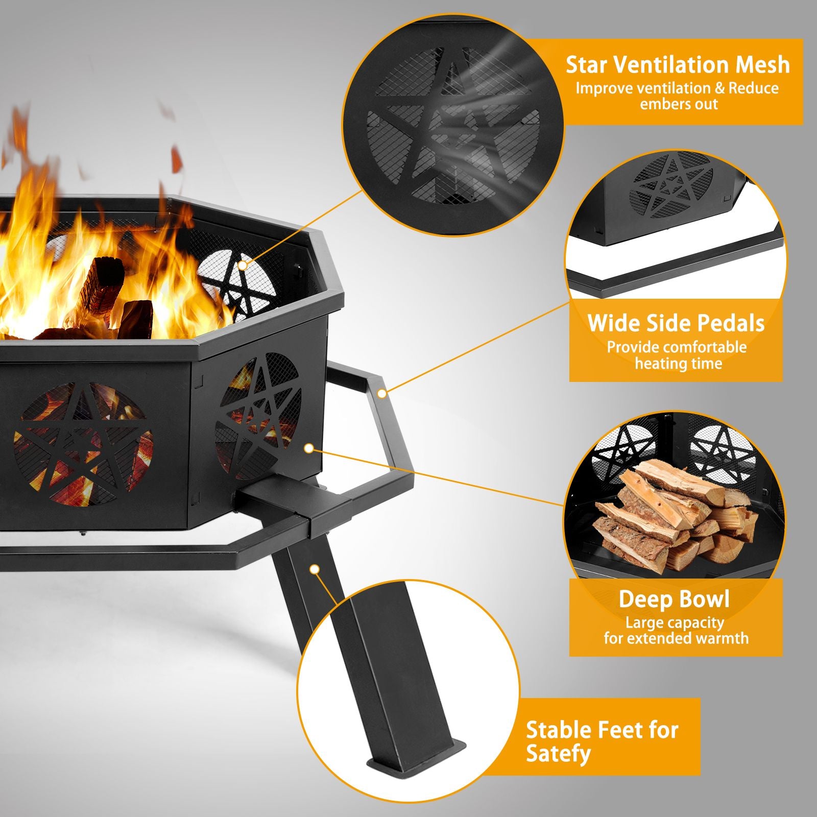 Same Code0784960335" Octagonal Sheet Assembled Fire Pit, Black Heavy Duty Wrought Iron Wood Fire Pit with Foot Rest Pedals, Pentagram Ventilation Design Outdoor Bonfire Pit for Garden BBQ Heating