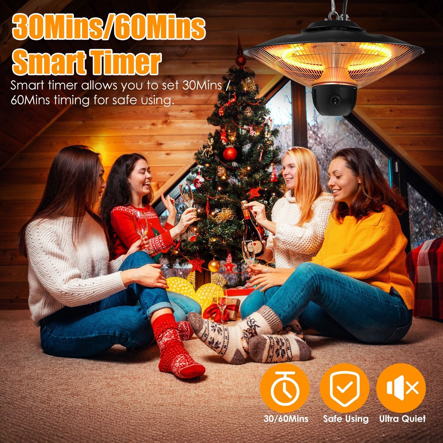 1500W Outdoor Patio Heater Electric Hanging Heated Ceiling Mounted Heating Lamp IP23 Waterproof with 3 Heating Levels 30Mins/60Mins Timer 2 Remote Control for Garage Balcony Courtyard