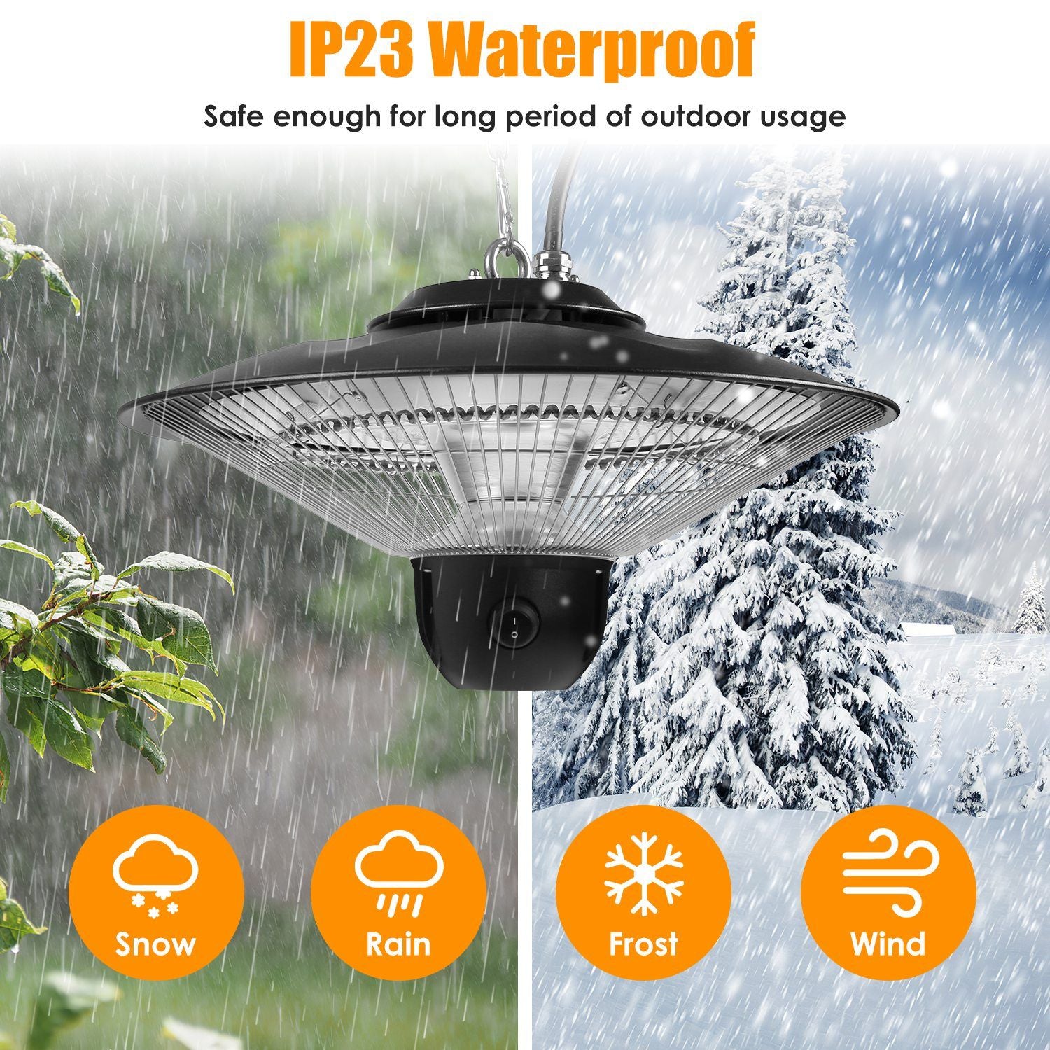 1500W Outdoor Patio Heater Electric Hanging Heated Ceiling Mounted Heating Lamp IP23 Waterproof with 3 Heating Levels 30Mins/60Mins Timer 2 Remote Control for Garage Balcony Courtyard