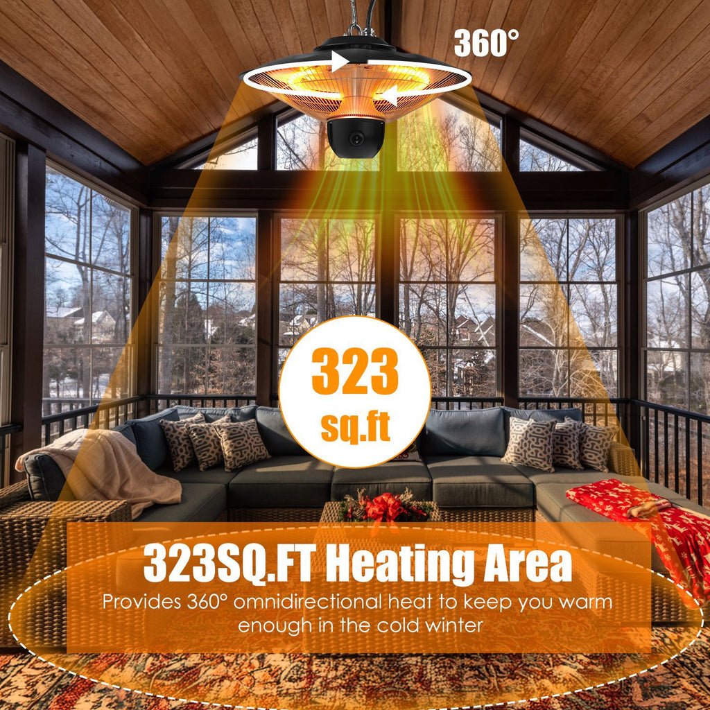 1500W Outdoor Patio Heater Electric Hanging Heated Ceiling Mounted Heating Lamp IP23 Waterproof with 3 Heating Levels 30Mins/60Mins Timer 2 Remote Control for Garage Balcony Courtyard